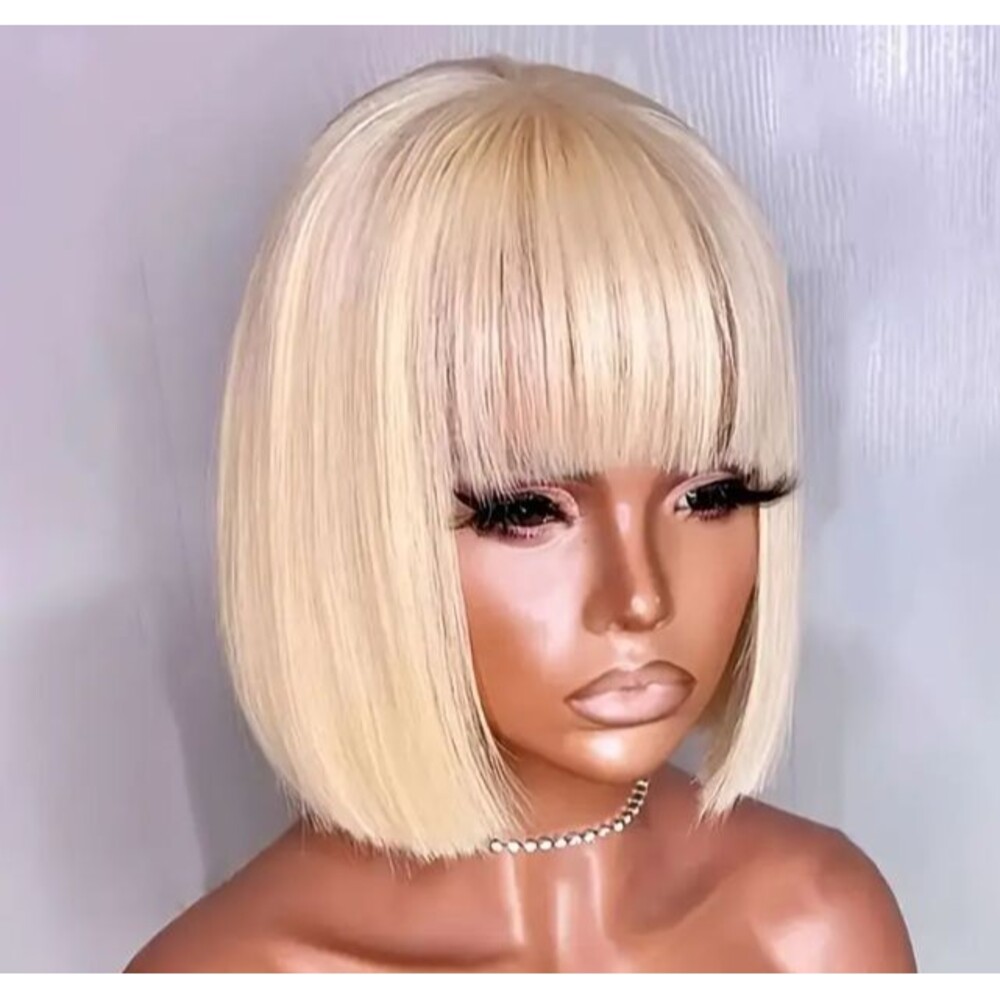 Short Straight Ash Blonde Wig with Bangs - Layered Synthetic Hair NEW